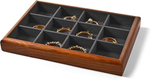Oirlv Solid Wood 12 Grid Jewelry Organizer Tray Jewelry Drawer Organizer for Rings Earrings Storage Display（Black） in Kuwait