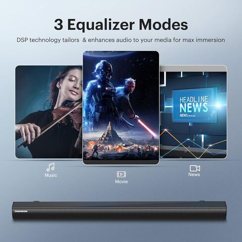 سماعات تلفزيون ساوند بار مقاس 35 بوصة من طومسون، مكبرات صوت بلوتوث للمسرح المنزلي مع مكبر صوت انعكاسي، صوت DSP وقابل للتعديل على الحائط، HDMI/ARC/AUX/Opti/Coax/USB in Kuwait