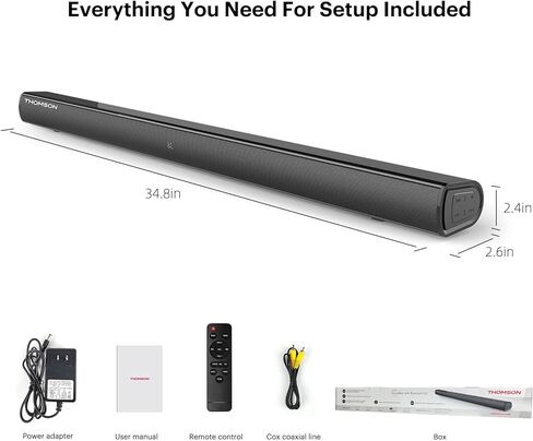 سماعات تلفزيون ساوند بار مقاس 35 بوصة من طومسون، مكبرات صوت بلوتوث للمسرح المنزلي مع مكبر صوت انعكاسي، صوت DSP وقابل للتعديل على الحائط، HDMI/ARC/AUX/Opti/Coax/USB in Kuwait