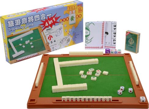 مجموعة drizzle Travel Mahjong 4 في 1 مع طاولة Mahjong - 146 بلاطة بحجم محمول Mah-Jongg - رسومات بحجم البوكر الأسماك والروبيان ورسومات السلطعون - مساكن ألعاب لوحية للسفر in Kuwait