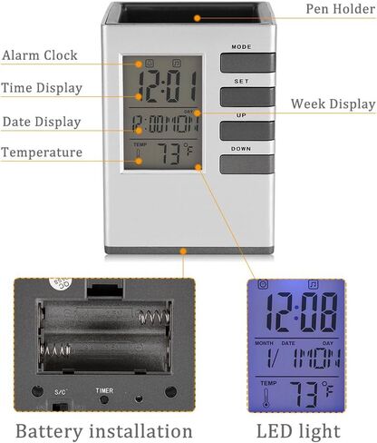 Fdit Multifunctional LED Desk Clock, Digital LCD Screen Alarm Clock Pen Holder Temperature Display for Home Office in Saudi Arabia