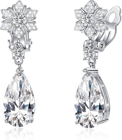 Clip-On Earrings for Wedding, Prom - Diamond Cubic Zirconia Pave-Framed Pear Shaped Dangle Drop Non-Pierced Clip Earrings for Women, Brides, Bridesmaid, Mother of the Bride, Birthday Gift in Saudi Arabia