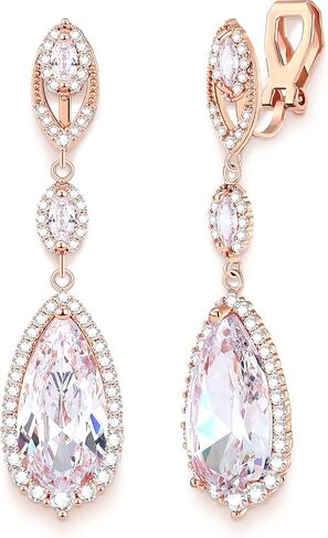 أقراط مشبكة لحفلات الزفاف، والحفلات الراقصة - أقراط مكعبة من الزركونيا الماسية على شكل كمثرى متدلية على شكل قطرة غير مثقوبة للنساء، والعرائس، ووصيفات العروس، وأم العروس، وهدية عيد ميلاد in Kuwait