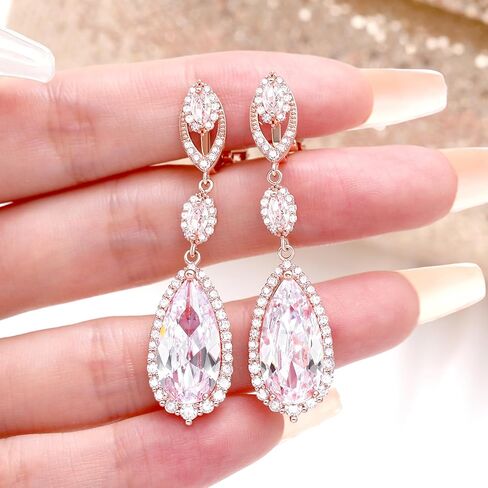 أقراط مشبكة لحفلات الزفاف، والحفلات الراقصة - أقراط مكعبة من الزركونيا الماسية على شكل كمثرى متدلية على شكل قطرة غير مثقوبة للنساء، والعرائس، ووصيفات العروس، وأم العروس، وهدية عيد ميلاد in Kuwait