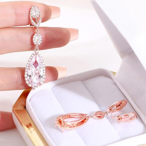 أقراط مشبكة لحفلات الزفاف، والحفلات الراقصة - أقراط مكعبة من الزركونيا الماسية على شكل كمثرى متدلية على شكل قطرة غير مثقوبة للنساء، والعرائس، ووصيفات العروس، وأم العروس، وهدية عيد ميلاد in Kuwait
