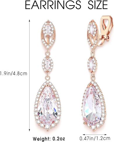 أقراط مشبكة لحفلات الزفاف، والحفلات الراقصة - أقراط مكعبة من الزركونيا الماسية على شكل كمثرى متدلية على شكل قطرة غير مثقوبة للنساء، والعرائس، ووصيفات العروس، وأم العروس، وهدية عيد ميلاد in Kuwait