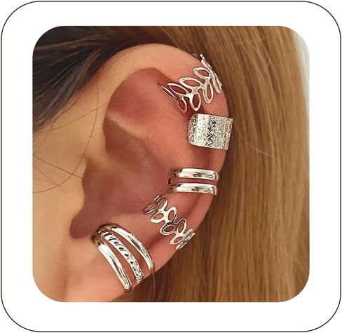 Fanquility 5pcs Sparkling Ear Cuff Gold Non Pierced Ear Cartilage Clip on Wrap Hoop Exquisite Tiny Boho Beach Minimalist Adjustable Multi-layered Fake Earrings for Women Jewelry in Saudi Arabia