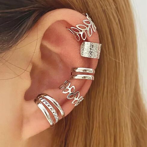 Fanquility 5pcs Sparkling Ear Cuff Gold Non Pierced Ear Cartilage Clip on Wrap Hoop Exquisite Tiny Boho Beach Minimalist Adjustable Multi-layered Fake Earrings for Women Jewelry in Saudi Arabia