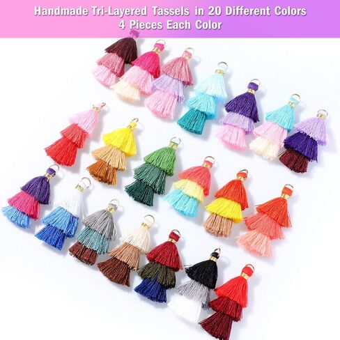 80 Pieces Tiny Tri-Layered Tassels Colorful Keychain Tassel Multi-Color Handmade DIY Silky Tassels Soft Mini Tassel with Golden Jump Ring for Earring Keychain Crafts Making Supplies, 1.4 Inch in Saudi Arabia