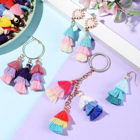 80 Pieces Tiny Tri-Layered Tassels Colorful Keychain Tassel Multi-Color Handmade DIY Silky Tassels Soft Mini Tassel with Golden Jump Ring for Earring Keychain Crafts Making Supplies, 1.4 Inch in Saudi Arabia