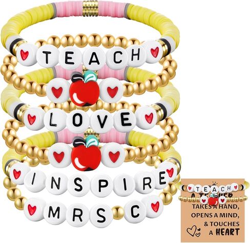 6 Pcs Personalized Teacher Bracelet Teacher Heishi Beaded Bracelets Appreciation Gifts 6.3 Inch Pencil Bracelets with Card Teacher's Day Birthday Gifts from Student for Women Girls in Saudi Arabia