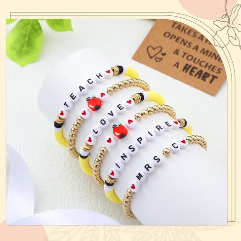 6 Pcs Personalized Teacher Bracelet Teacher Heishi Beaded Bracelets Appreciation Gifts 6.3 Inch Pencil Bracelets with Card Teacher's Day Birthday Gifts from Student for Women Girls in Saudi Arabia