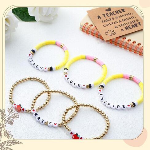 6 Pcs Personalized Teacher Bracelet Teacher Heishi Beaded Bracelets Appreciation Gifts 6.3 Inch Pencil Bracelets with Card Teacher's Day Birthday Gifts from Student for Women Girls in Saudi Arabia