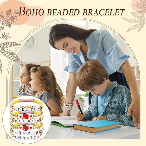 6 Pcs Personalized Teacher Bracelet Teacher Heishi Beaded Bracelets Appreciation Gifts 6.3 Inch Pencil Bracelets with Card Teacher's Day Birthday Gifts from Student for Women Girls in Saudi Arabia
