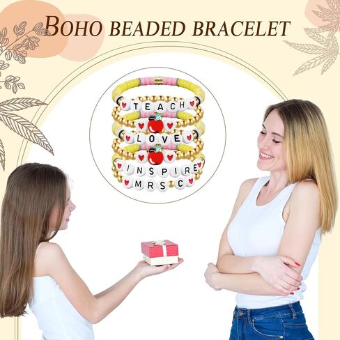 6 Pcs Personalized Teacher Bracelet Teacher Heishi Beaded Bracelets Appreciation Gifts 6.3 Inch Pencil Bracelets with Card Teacher's Day Birthday Gifts from Student for Women Girls in Saudi Arabia