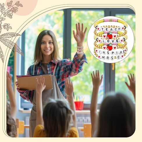 6 Pcs Personalized Teacher Bracelet Teacher Heishi Beaded Bracelets Appreciation Gifts 6.3 Inch Pencil Bracelets with Card Teacher's Day Birthday Gifts from Student for Women Girls in Saudi Arabia