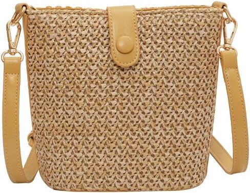 Women Small Faux Straw Bag Mini Woven Bucket Bag Summer Beach Bag Fashion Crossbody Bag Shoulder Bag Handbag in Saudi Arabia