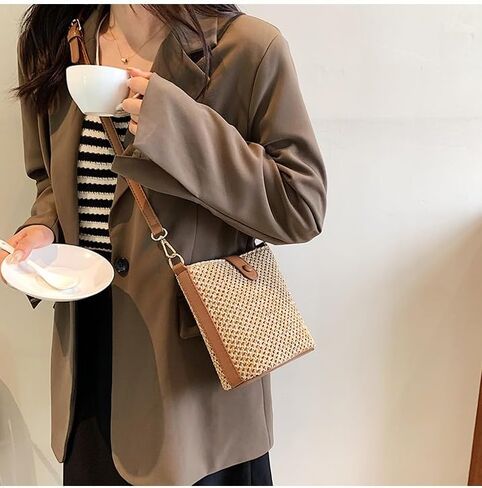 Women Small Faux Straw Bag Mini Woven Bucket Bag Summer Beach Bag Fashion Crossbody Bag Shoulder Bag Handbag in Saudi Arabia