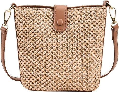Women Small Faux Straw Bag Mini Woven Bucket Bag Summer Beach Bag Fashion Crossbody Bag Shoulder Bag Handbag in Saudi Arabia