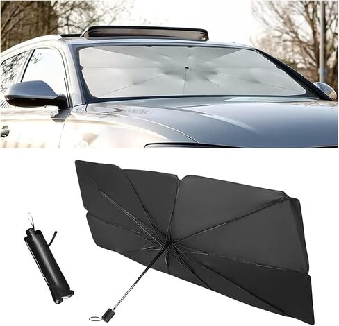 مظلة شمسية للزجاج الأمامي للسيارة، مقاس 31 بوصة × 52 بوصة، مظلة قابلة للطي/غطاء لمعظم السيارات والمركبات، تحجب الحرارة من الأشعة فوق البنفسجية، تحافظ على برودة سيارتك، مظلة شمسية عاكسة للزجاج الأمامي للسيارة (أسود-1) in Kuwait