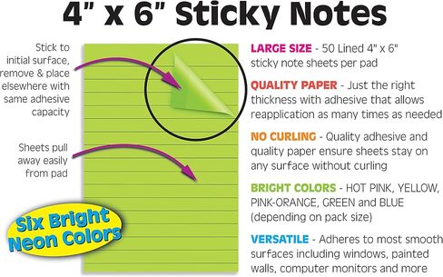 Better Office Products Lined Sticky Notes, 4 x 6, 6 Pack, 300 Sheets (50/Pad), Self Stick Notes with Lines, 6 Bright Assorted Colors, Post Memos, Strong Adhesive, 6 Pads in Saudi Arabia