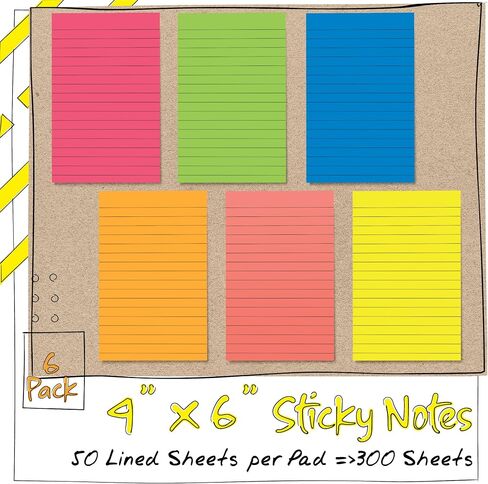 Better Office Products Lined Sticky Notes, 4 x 6, 6 Pack, 300 Sheets (50/Pad), Self Stick Notes with Lines, 6 Bright Assorted Colors, Post Memos, Strong Adhesive, 6 Pads in Saudi Arabia