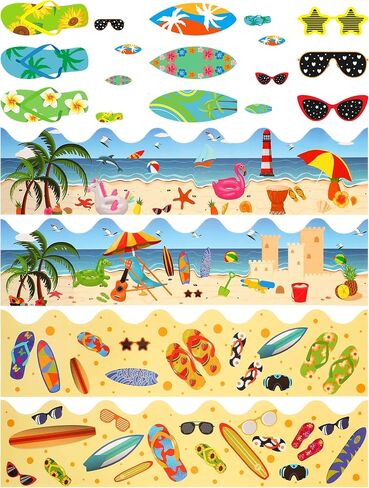 85 Pcs Summer Bulletin Board Border Decorations with Glue Point Flip Flop Surfboards Glasses Hawaiian Beach Cutouts Removable Black Board Chalkboard Border for Back to School Classroom Party Decor in Saudi Arabia