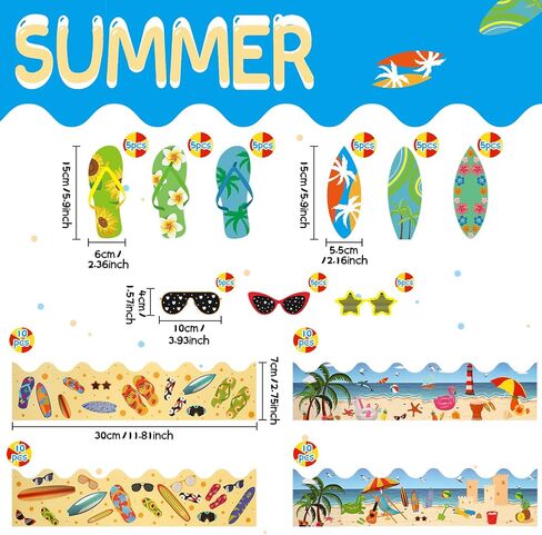 85 Pcs Summer Bulletin Board Border Decorations with Glue Point Flip Flop Surfboards Glasses Hawaiian Beach Cutouts Removable Black Board Chalkboard Border for Back to School Classroom Party Decor in Saudi Arabia
