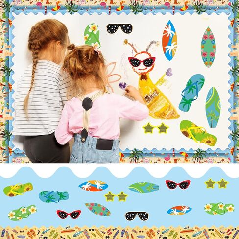 85 Pcs Summer Bulletin Board Border Decorations with Glue Point Flip Flop Surfboards Glasses Hawaiian Beach Cutouts Removable Black Board Chalkboard Border for Back to School Classroom Party Decor in Saudi Arabia