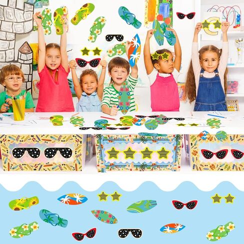 85 Pcs Summer Bulletin Board Border Decorations with Glue Point Flip Flop Surfboards Glasses Hawaiian Beach Cutouts Removable Black Board Chalkboard Border for Back to School Classroom Party Decor in Saudi Arabia
