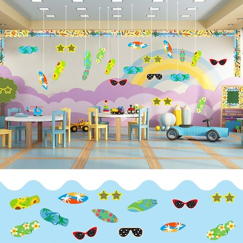 85 Pcs Summer Bulletin Board Border Decorations with Glue Point Flip Flop Surfboards Glasses Hawaiian Beach Cutouts Removable Black Board Chalkboard Border for Back to School Classroom Party Decor in Saudi Arabia