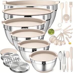 Mixing Bowls with Airtight Lids Set, 26PCS Stainless Steel Khaki Bowls with Grater Attachments, Non-Slip Bottoms & Kitchen Gadgets Set, Size 7, 4, 2.5, 2.0,1.5, 1QT, Great for Mixing & Serving in Kuwait