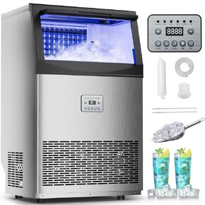 Commercial Ice Maker,200 lbs/24H,96 Cubes in 14 Mins,Stainless Steel Ice Machine with 33 Lbs Storage Capacity,Water Filter,Self-Cleaning,Under Counter/Freestanding Ice Maker for Restaurant,Cafe,Home in Kuwait