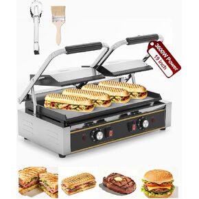 Commercial Panini Press — 19"x9" Cast Iron Enamel Plate, Adjustable Temp, 3600W Electric Sandwich Maker, Stainless Steel, Professional Panini Press Grill for Hamburger, Steak, Bacon in Kuwait