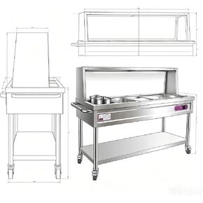 Commercial Food Warmer Steam Table with Acrylic Panel 304 Stainless Body, 1 Large 6 Small Trays 2 Pots, 30 to 110°C Knob Control, Locking Casters & Bottom Drain Valve for Buffets in Kuwait
