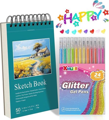 مجموعة هدايا GLITTER GEL PEN مع 24 لونًا GLITER GEL PEN A5 SKETCH BOOK GIFT SET 50 SHOETS 120GSM SPORAL ART SKETCHBOOD PAD للطلاء الهدية لكتابة عيد ميلاد (XGP-24) in Kuwait