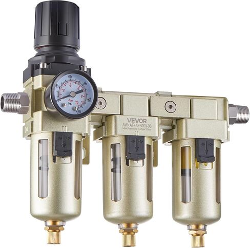 VEVOR Air Compressor Filter Regulator, 3/8" NPT 3-Stage Air Compressor Water Separator with 5μm/1μm/0.01μm Micron Filter Elements, Semi Auto Drain Air-Drying System 145PSI Max Pressure, Poly Bowl in Kuwait