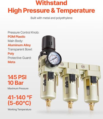 VEVOR Air Compressor Filter Regulator, 3/8" NPT 3-Stage Air Compressor Water Separator with 5μm/1μm/0.01μm Micron Filter Elements, Semi Auto Drain Air-Drying System 145PSI Max Pressure, Poly Bowl in Kuwait