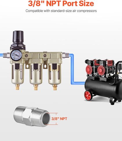 VEVOR Air Compressor Filter Regulator, 3/8" NPT 3-Stage Air Compressor Water Separator with 5μm/1μm/0.01μm Micron Filter Elements, Semi Auto Drain Air-Drying System 145PSI Max Pressure, Poly Bowl in Kuwait