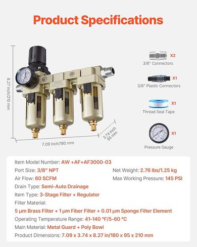 VEVOR Air Compressor Filter Regulator, 3/8" NPT 3-Stage Air Compressor Water Separator with 5μm/1μm/0.01μm Micron Filter Elements, Semi Auto Drain Air-Drying System 145PSI Max Pressure, Poly Bowl in Kuwait