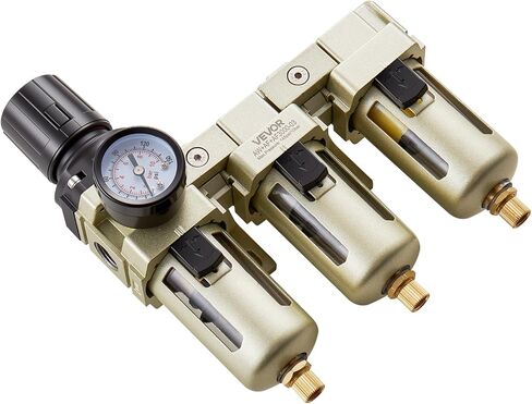 VEVOR Air Compressor Filter Regulator, 3/8" NPT 3-Stage Air Compressor Water Separator with 5μm/1μm/0.01μm Micron Filter Elements, Semi Auto Drain Air-Drying System 145PSI Max Pressure, Poly Bowl in Kuwait