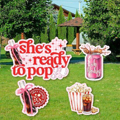 لافتة خلفية She's Ready to Pop - 4 قطع من لافتة ديكور الفناء ذات طابع الفشار الصودا الزرقاء مع عمود لحفلات استقبال المولود الجديد، والحديقة الخارجية وديكورات المنزل in Kuwait