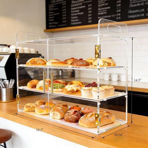 3-Tier Bakery Display Case with Auto-Close Spring Door & Gold Handle, 19.5″x10.2″x16.9″ Clear Acrylic Countertop Pastry Display Case for Bread, Dessert, Cookies, Donuts, Bakery, Café, Coffee Shop in Kuwait
