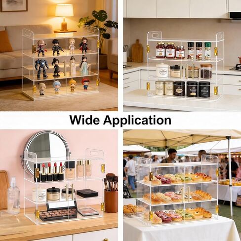 3-Tier Bakery Display Case with Auto-Close Spring Door & Gold Handle, 19.5″x10.2″x16.9″ Clear Acrylic Countertop Pastry Display Case for Bread, Dessert, Cookies, Donuts, Bakery, Café, Coffee Shop in Kuwait