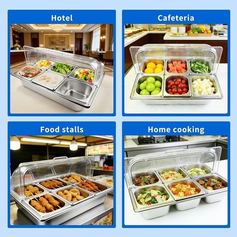 Salad bar Buffet Station for Home 6 Pan Countertop Food Serving Display Container With Clear Roll Top Cover,Cold Food Serving Trays for Party Buffet,Stainless Steel Buffet Server Condiment Tray in Kuwait