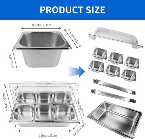 Salad bar Buffet Station for Home 6 Pan Countertop Food Serving Display Container With Clear Roll Top Cover,Cold Food Serving Trays for Party Buffet,Stainless Steel Buffet Server Condiment Tray in Kuwait