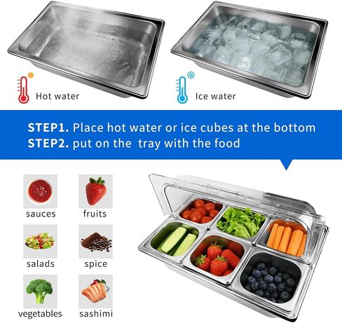 Salad bar Buffet Station for Home 6 Pan Countertop Food Serving Display Container With Clear Roll Top Cover,Cold Food Serving Trays for Party Buffet,Stainless Steel Buffet Server Condiment Tray in Kuwait