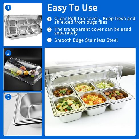 Salad bar Buffet Station for Home 6 Pan Countertop Food Serving Display Container With Clear Roll Top Cover,Cold Food Serving Trays for Party Buffet,Stainless Steel Buffet Server Condiment Tray in Kuwait