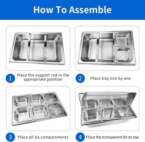 Salad bar Buffet Station for Home 6 Pan Countertop Food Serving Display Container With Clear Roll Top Cover,Cold Food Serving Trays for Party Buffet,Stainless Steel Buffet Server Condiment Tray in Kuwait