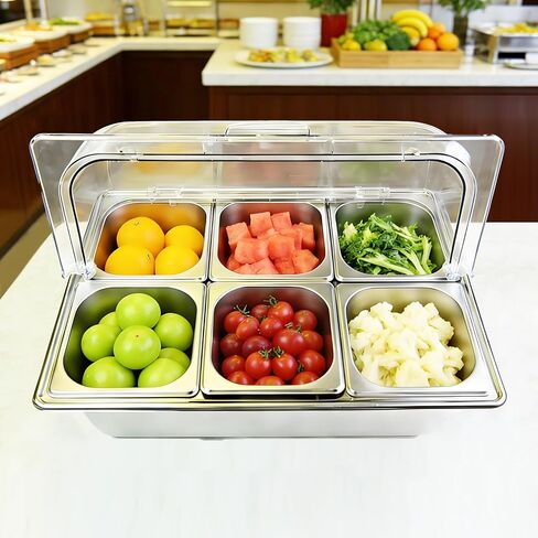 Salad bar Buffet Station for Home 6 Pan Countertop Food Serving Display Container With Clear Roll Top Cover,Cold Food Serving Trays for Party Buffet,Stainless Steel Buffet Server Condiment Tray in Kuwait